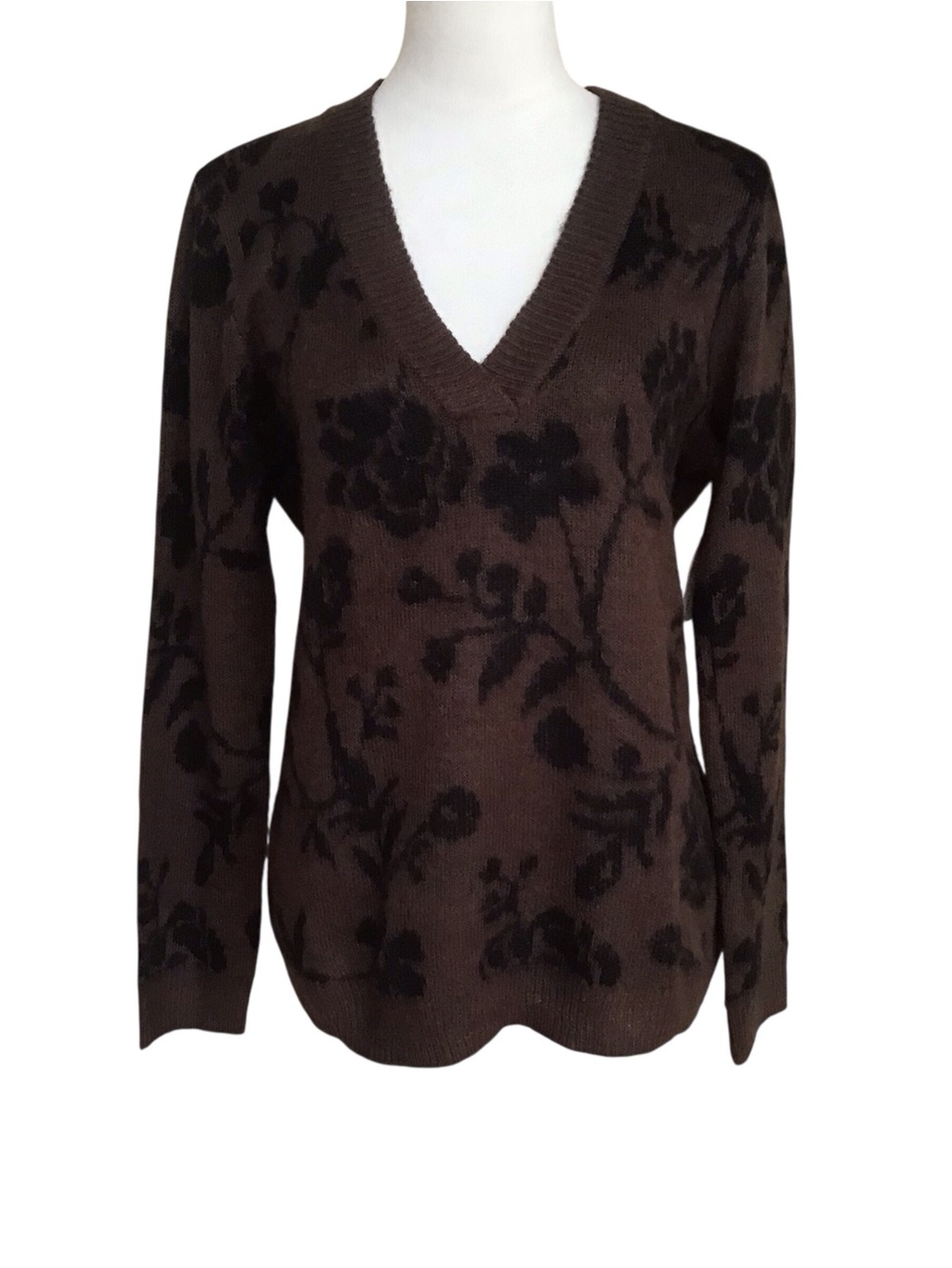 St John’s Bay Brown Floral V Neck Pullover Sweater NEW